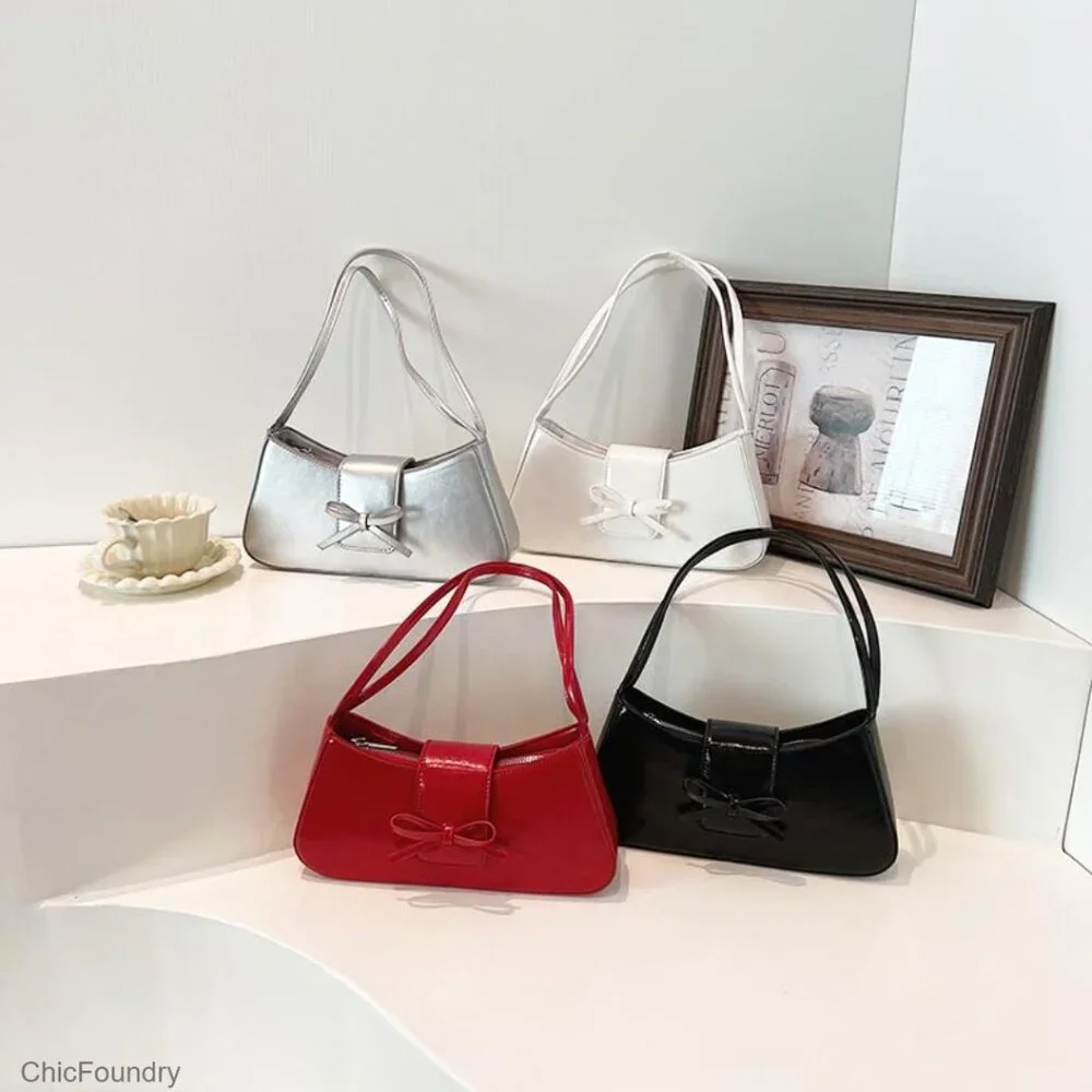 Patent Leather Hobo Shoulder Bag with Bow Detail, Zipper Closure
